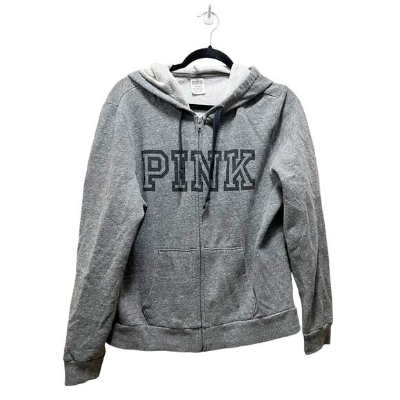 Victoria's Secret PINK Gray Full Zup Fleece Lined Hooded Jacket Size Large - Picture 1 of 9